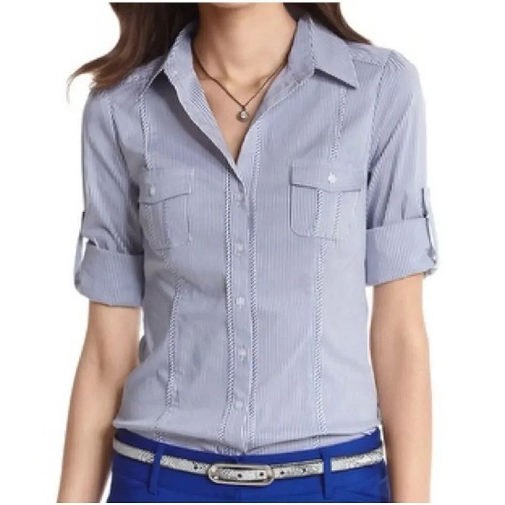 ✨White House Black Market Stripe Poplin City Camp Button Down Sz 8 Shirt✨